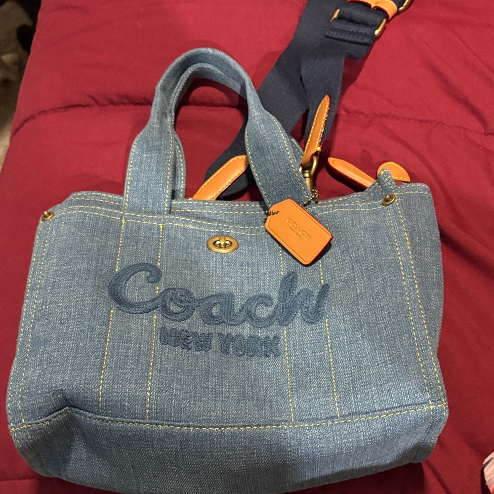 Coach Denim Tote with Navy Strap and Orange Leather Accents